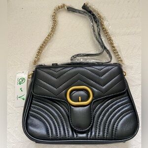 Black Quilted Shoulder Bag with Gold Chain